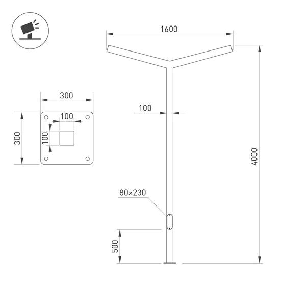 Фото #2 товара Опора OXOR-STER-Y-2000x100x100-L4000-100W Warm3000 (BK, 230V) IP65 (Arlight, Сталь)